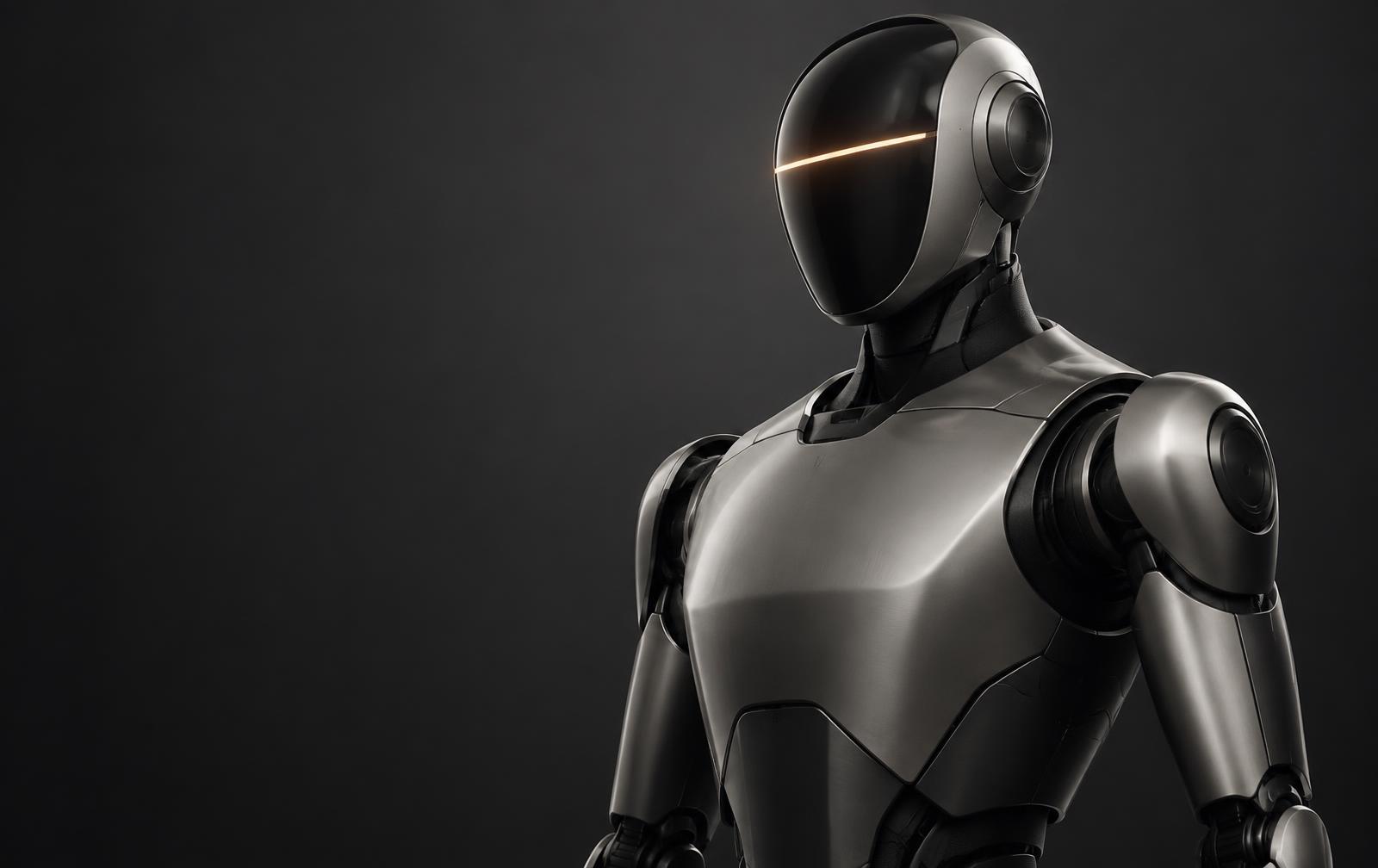 Brushed-titanium humanoid robot in a dark studio